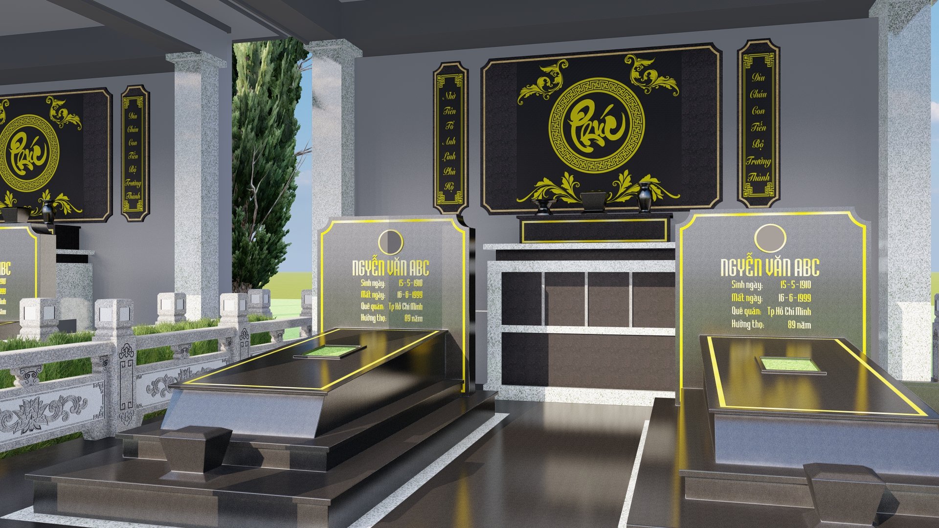 Thiết kế bên trong nhà mộ song thân Hiếu Ân